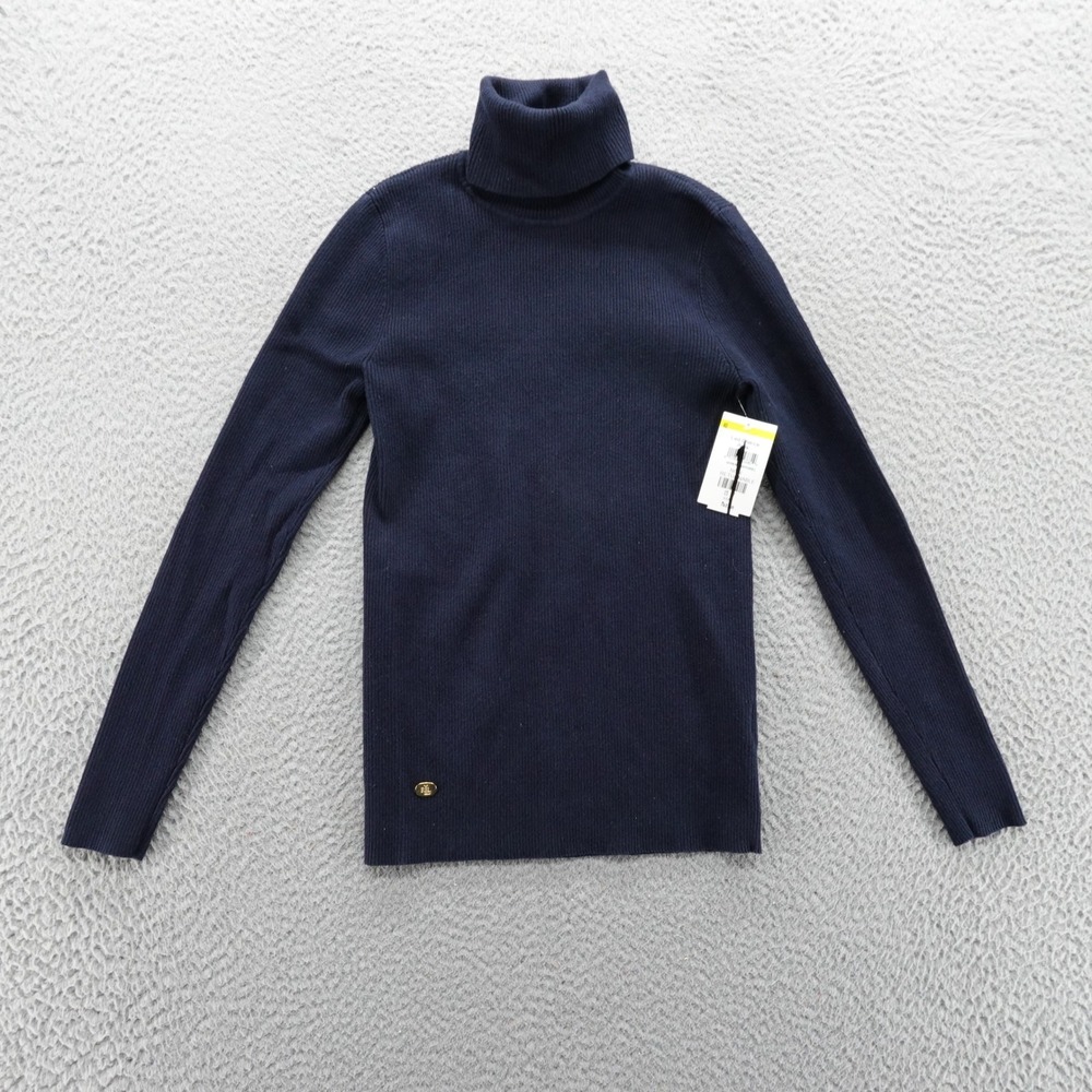 Ralph Lauren Womens Medium Navy Blue Ribbed Turtleneck Sweater Gold Logo NEW